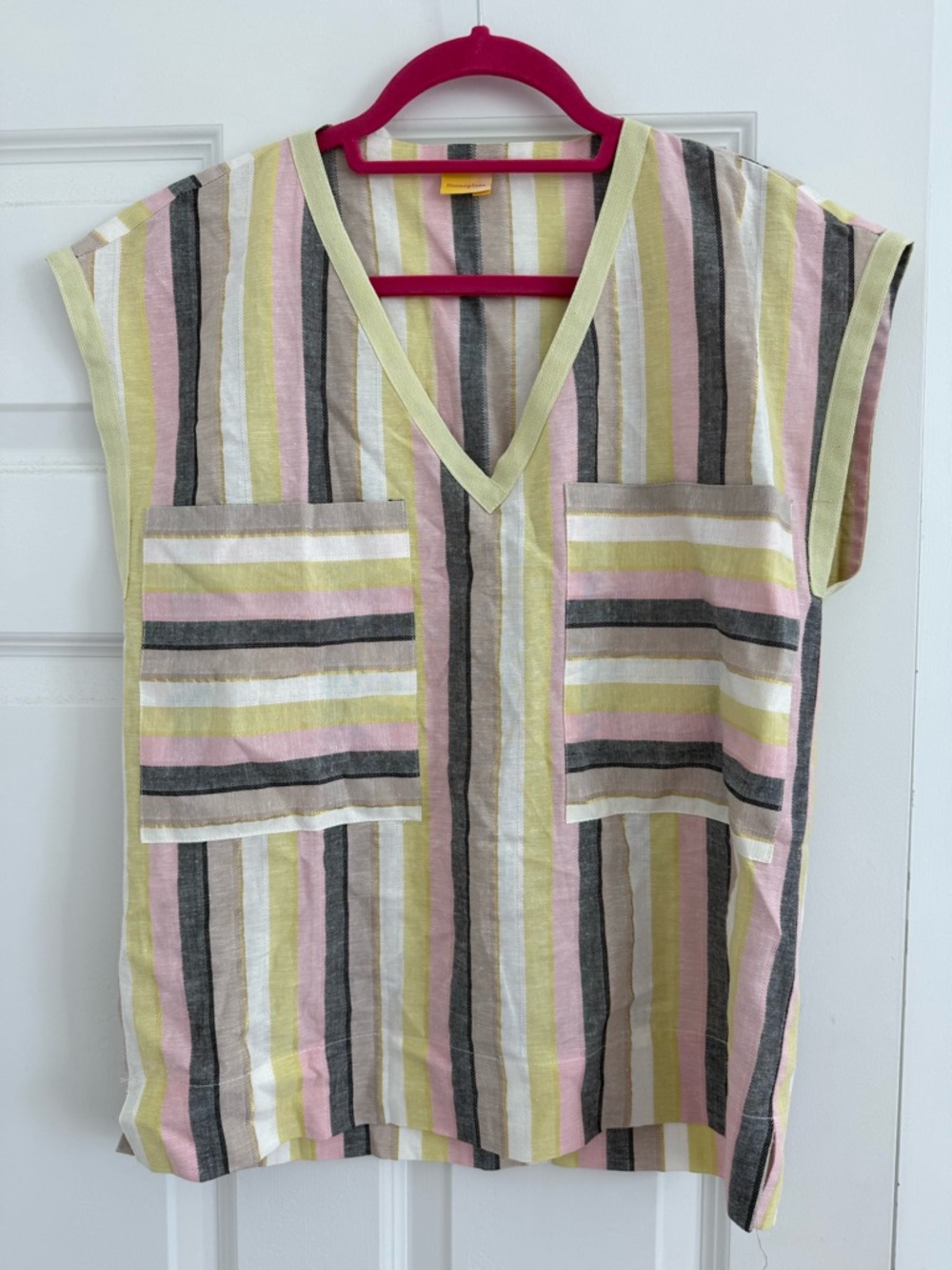 V-Neck Striped Boxy Top in Pastel Yellow, Pink & Gray